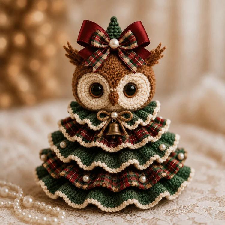 Crochet animal Christmas tree ornament with owl face, plaid bow, and bell charm