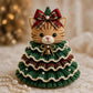 Crochet animal Christmas tree ornament with cat face, plaid bow, and bell charm