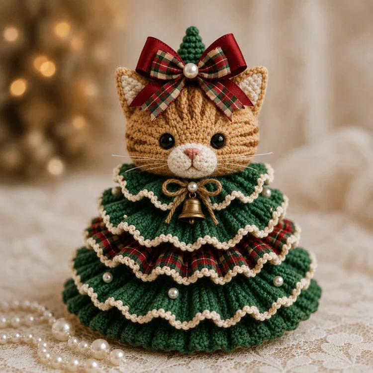 Crochet animal Christmas tree ornament with cat face, plaid bow, and bell charm