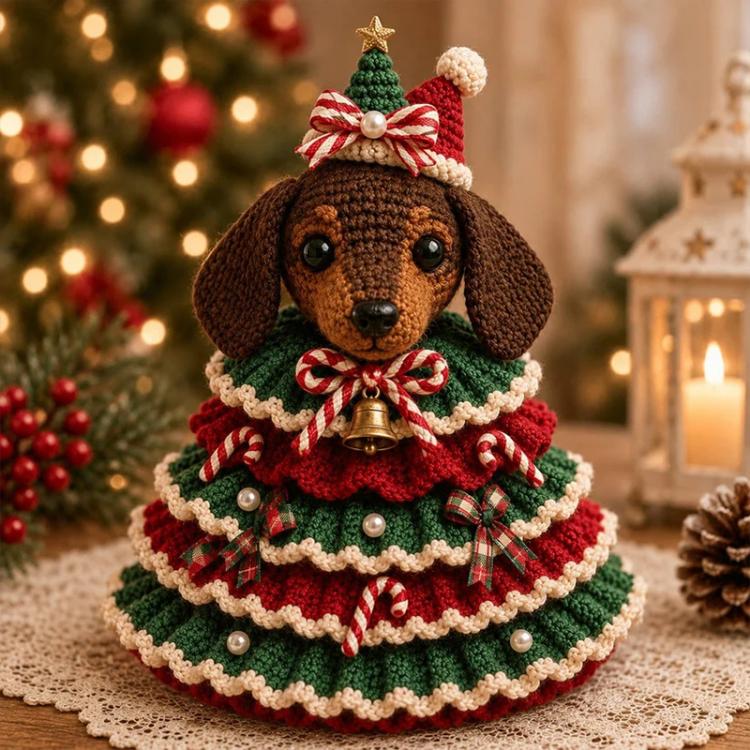 Crochet animal Christmas tree ornament with dachshund face, striped bow, and bell charm