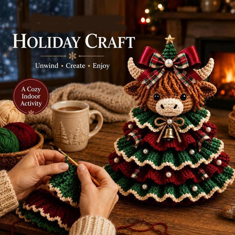 Crochet animal Christmas tree ornament with reindeer face, striped bow, and bell charm