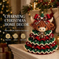 Crochet animal Christmas tree ornament on tabletop with plaid bow and bell charm