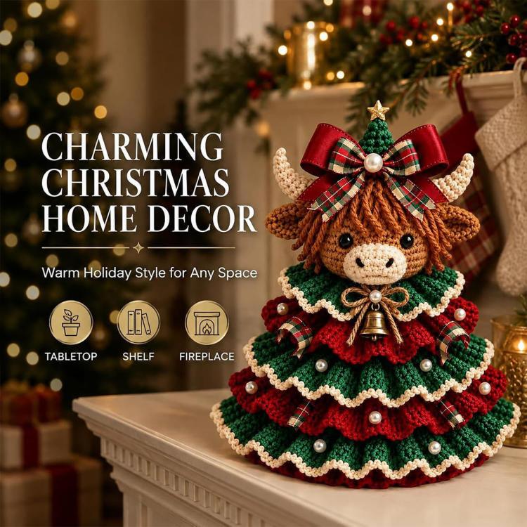 Crochet animal Christmas tree ornament on tabletop with plaid bow and bell charm
