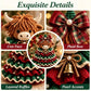 Crochet ornament detail close-up: plaid bow, bell charm, and pearl accents