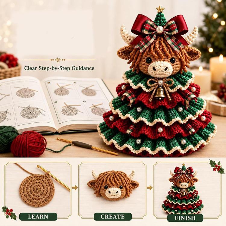 Crochet Christmas tree DIY kit with Highland cattle character, finished crocheted ornament