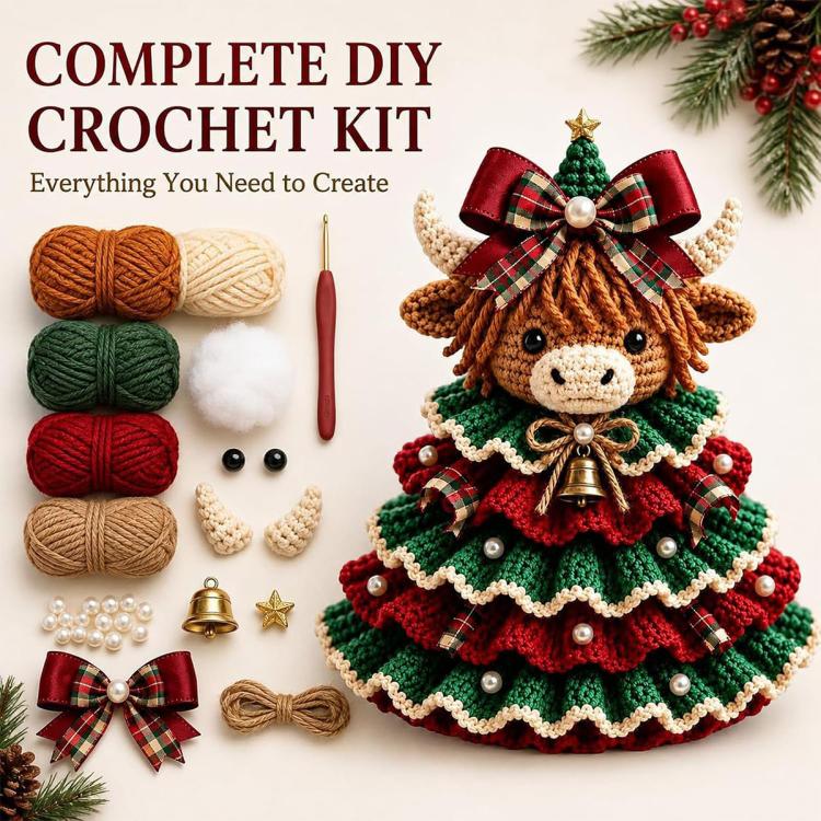 Complete DIY crochet kit for Highland cattle Christmas tree ornament, yarn and tools