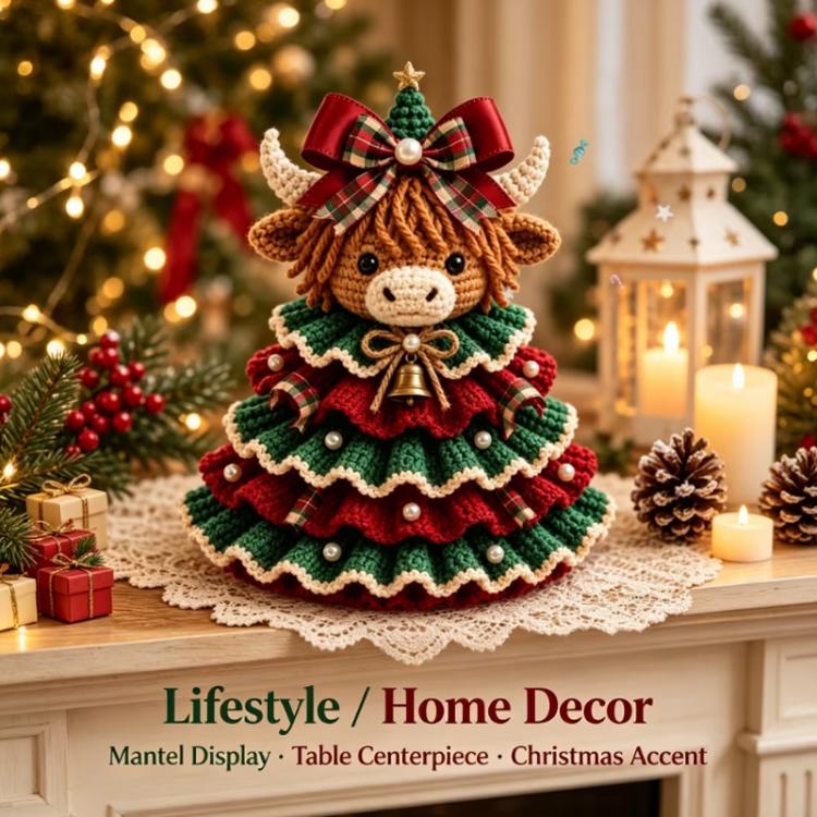 Finished Highland cattle crochet Christmas tree ornament with red and green layered skirt