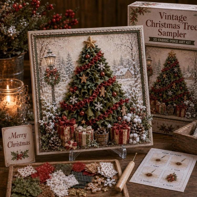 3D fabric poke art kit with framed Christmas tree scene, presents, and ornaments