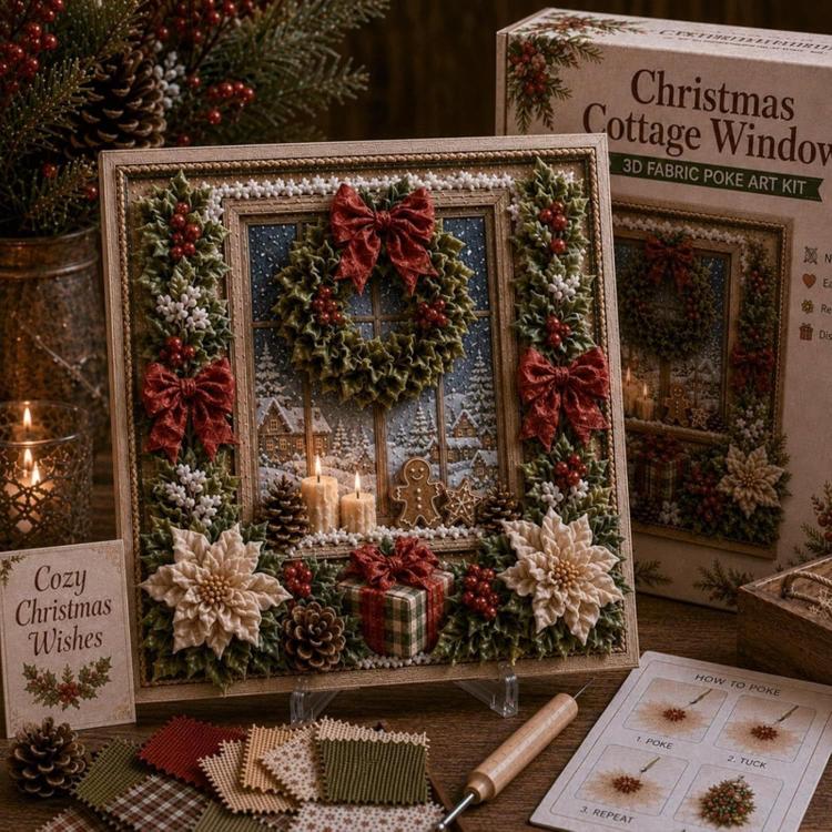 3D fabric poke art kit with framed Christmas wreath window scene and candles