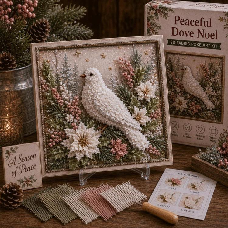 3D fabric poke art kit with framed dove figure among winter flowers