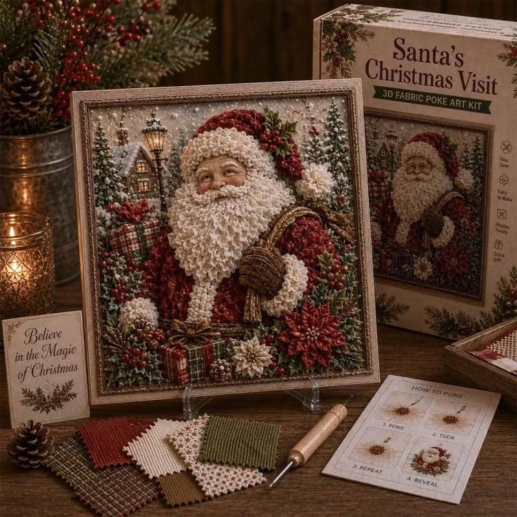 3D fabric poke art kit with framed Santa Claus portrait and gift boxes