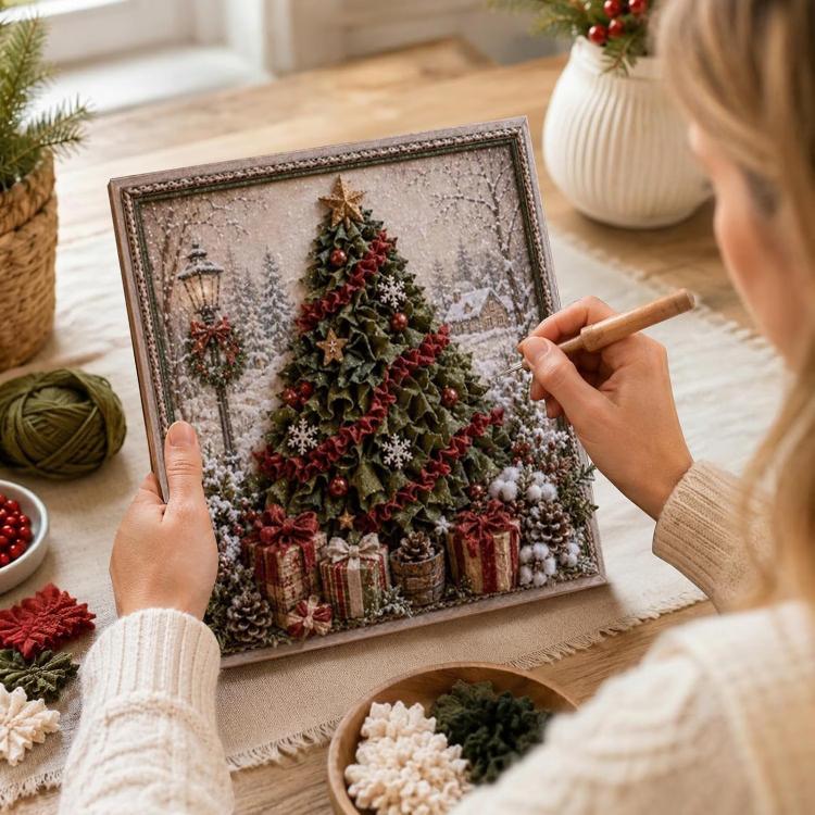 Hand using a poke tool on a framed 3D Christmas tree fabric craft