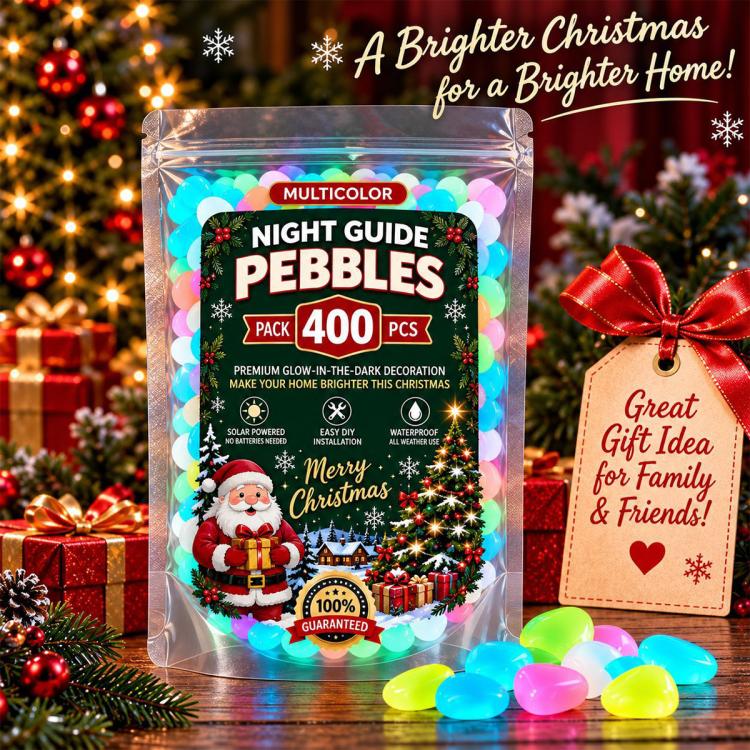 Multicolor glow-in-the-dark night guide pebbles in 400-count clear pouch with gift items