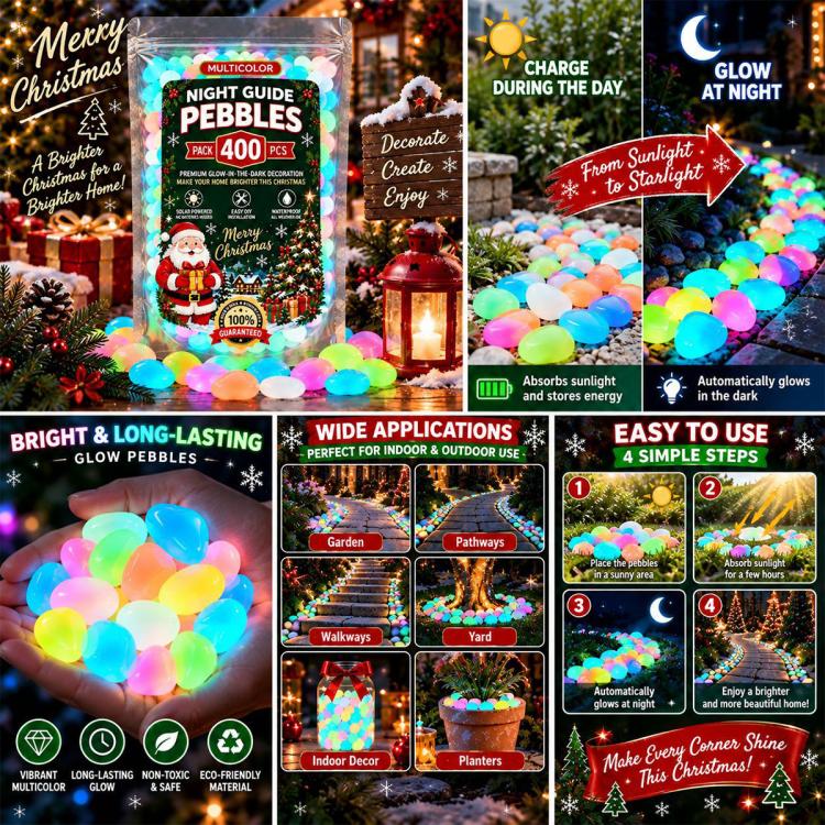 Multicolor glow pebbles 400-count pack with glowing night and use application photos