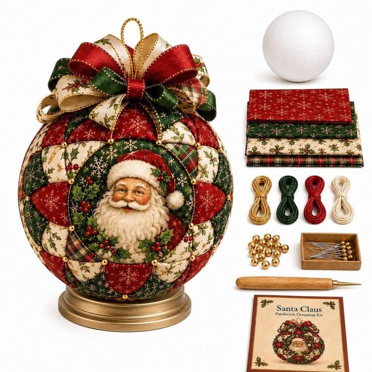Santa patchwork ornament DIY kit with ribbon bow, foam base, fabric pieces, beads, tool