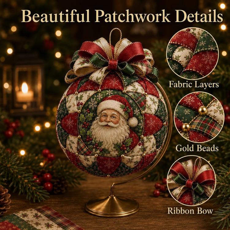 Santa patchwork ornament with ribbon bow, gold beads detail, and stitched fabric panels