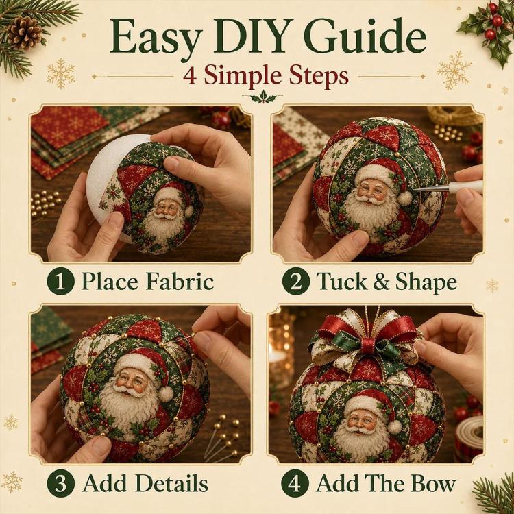 DIY guide showing steps to place fabric, tuck and shape, add details, and attach bow