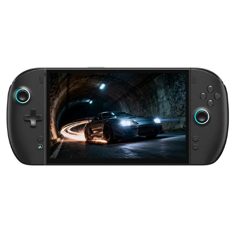 Handheld console front view with blue-ring thumbsticks and game shown on screen