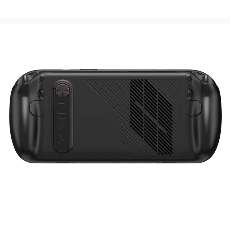 Rear view black handheld console with vented speaker grille and molded grip