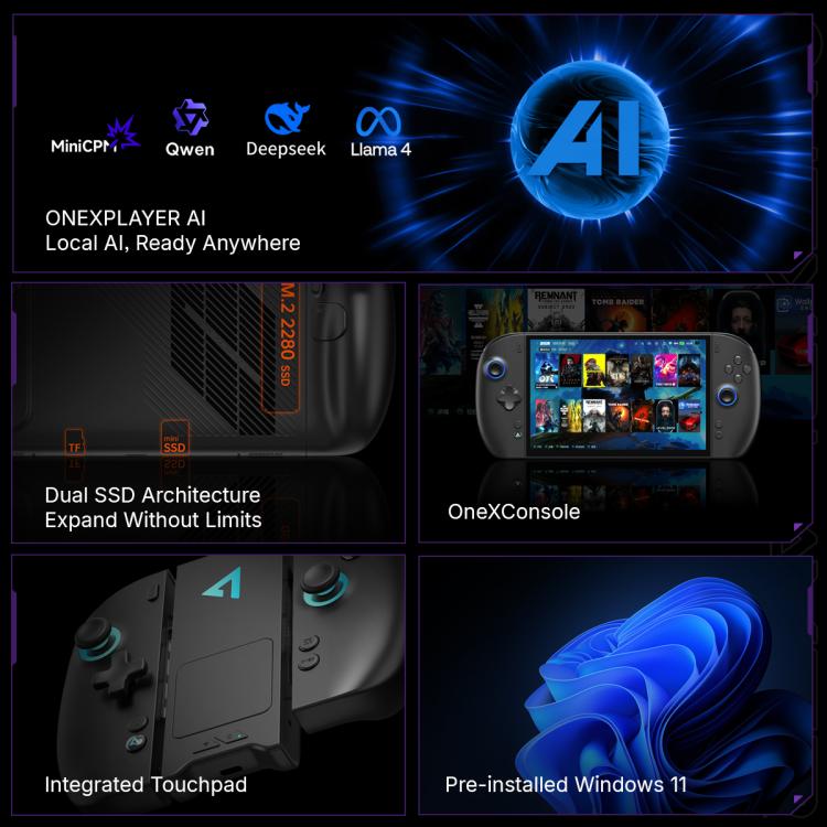 Handheld console showing integrated touchpad, preinstalled Windows 11, and dual SSD