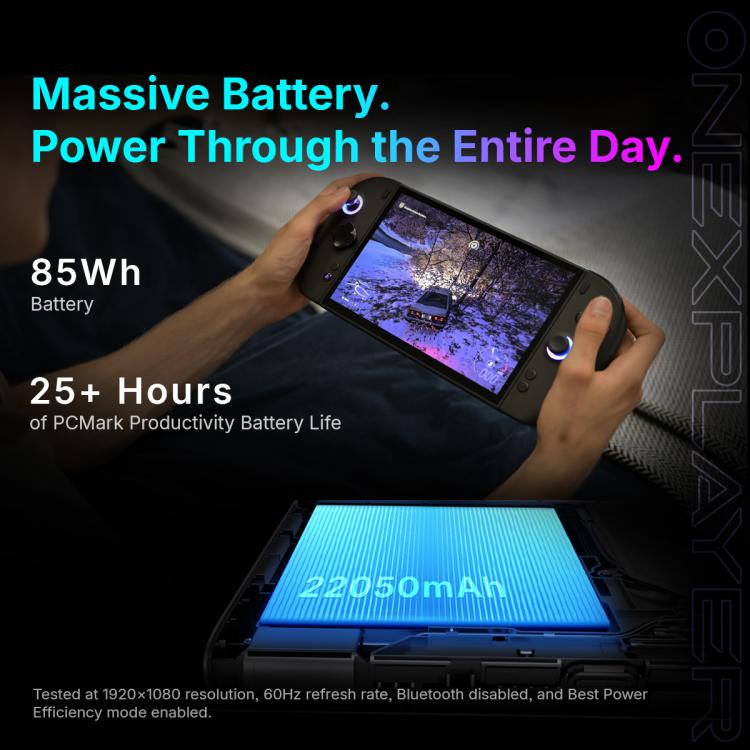 Handheld console battery graphic with long-lasting power and 22050mAh pack