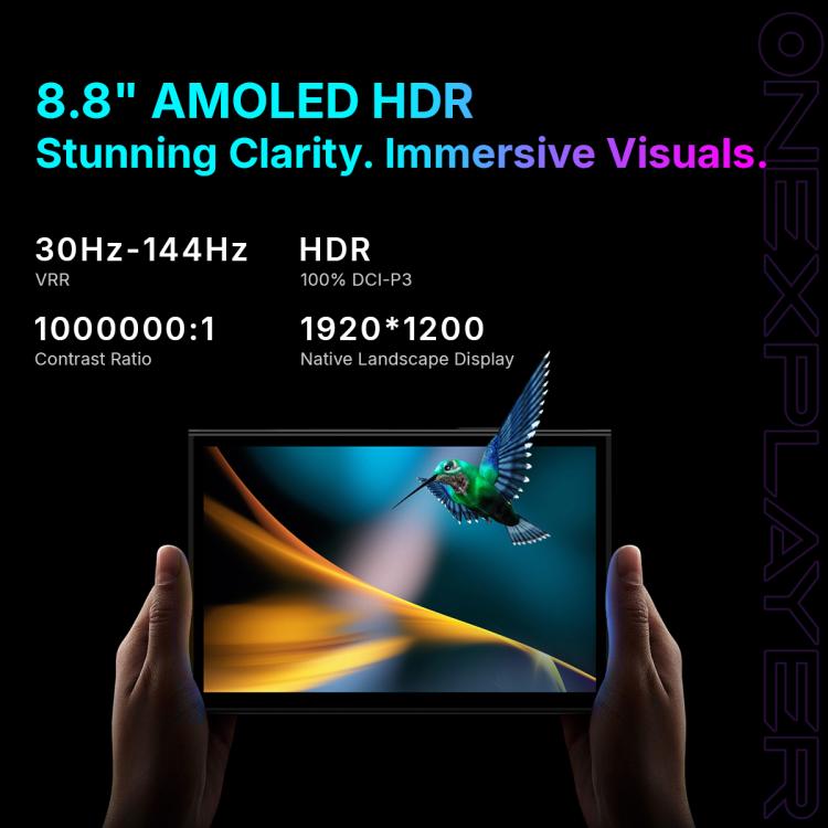 Handheld game console with 8.8-inch touchscreen, held in two hands