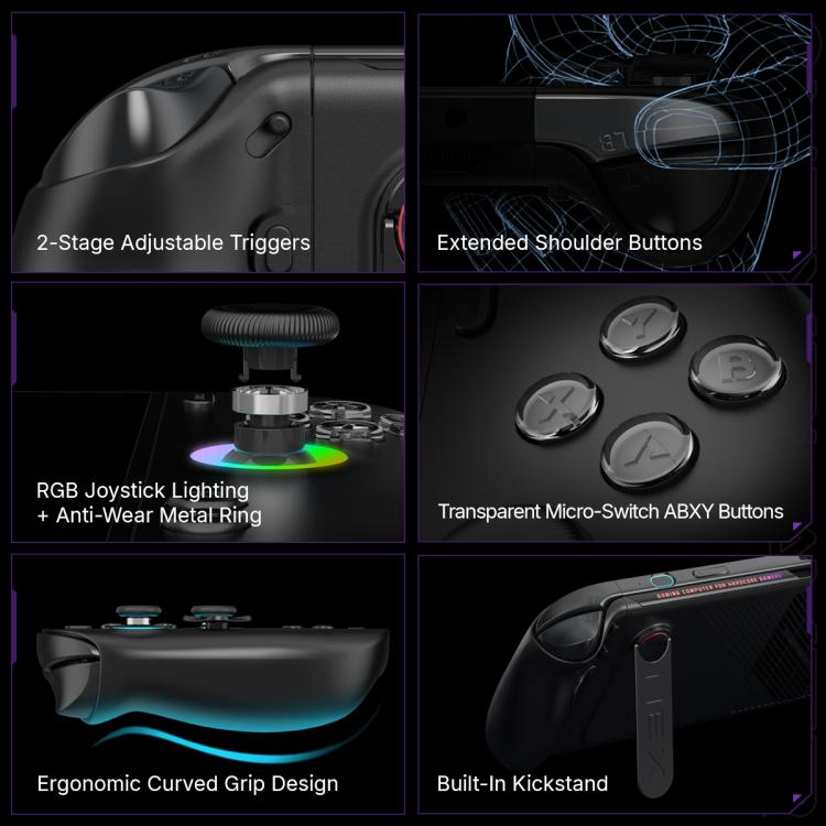 Handheld console controller with triggers, shoulder buttons, RGB joystick, and kickstand
