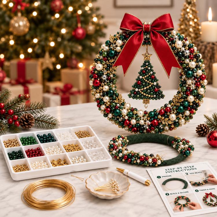 Christmas pearl wreath with red satin bow and green tree centerpiece, red and green beads