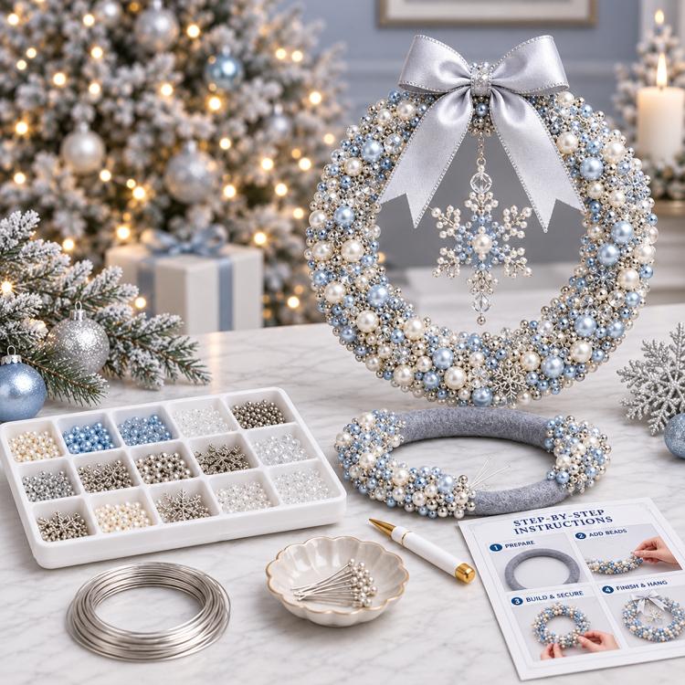Blue pearl Christmas wreath with light blue satin bow, hanging tree and house ornaments