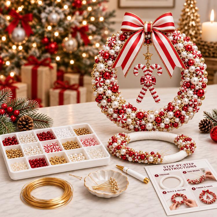 Red and white pearl Christmas wreath with striped bow and candy cane ornament centerpiece