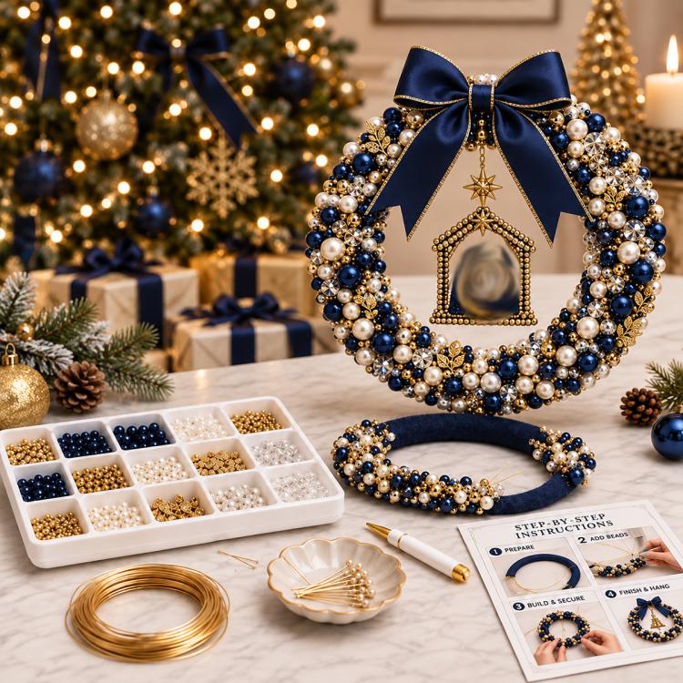 Navy blue pearl Christmas wreath with dark blue satin bow and gold house ornament