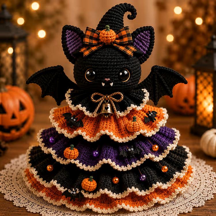 Crochet Halloween tabletop decor DIY kit: black cat character with witch hat and bell