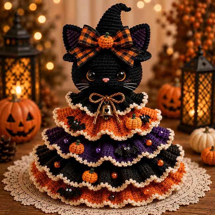 Crochet Halloween tabletop decor DIY kit: black cat character with orange bow and bell