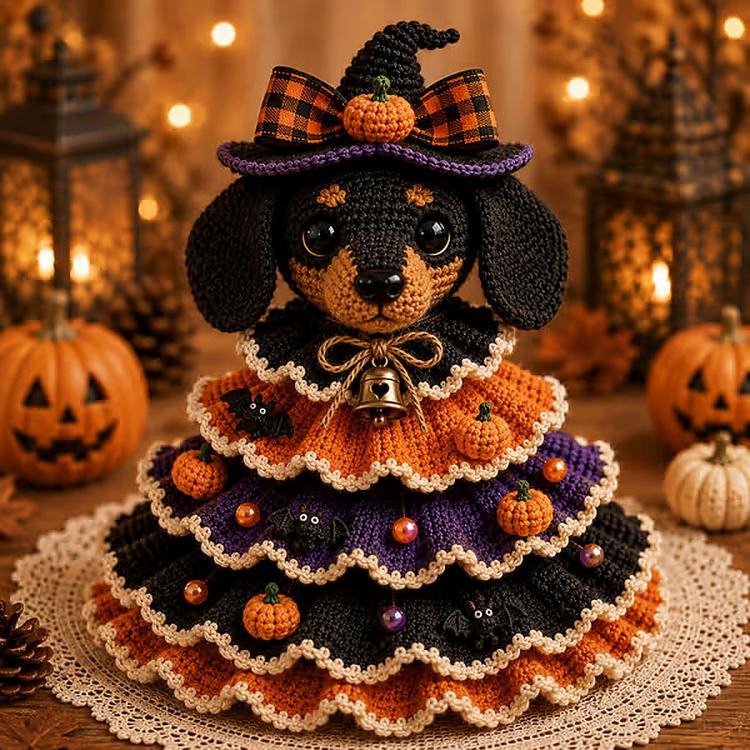 Crochet Halloween tabletop decor DIY kit: dachshund character with witch hat and bell