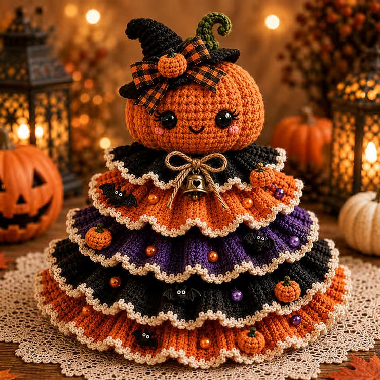 Crochet Halloween tabletop decor DIY kit: pumpkin character with witch hat and bell