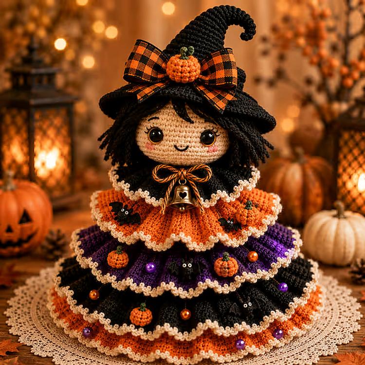 Crochet Halloween tabletop decor DIY kit: witch character with tall hat and bell