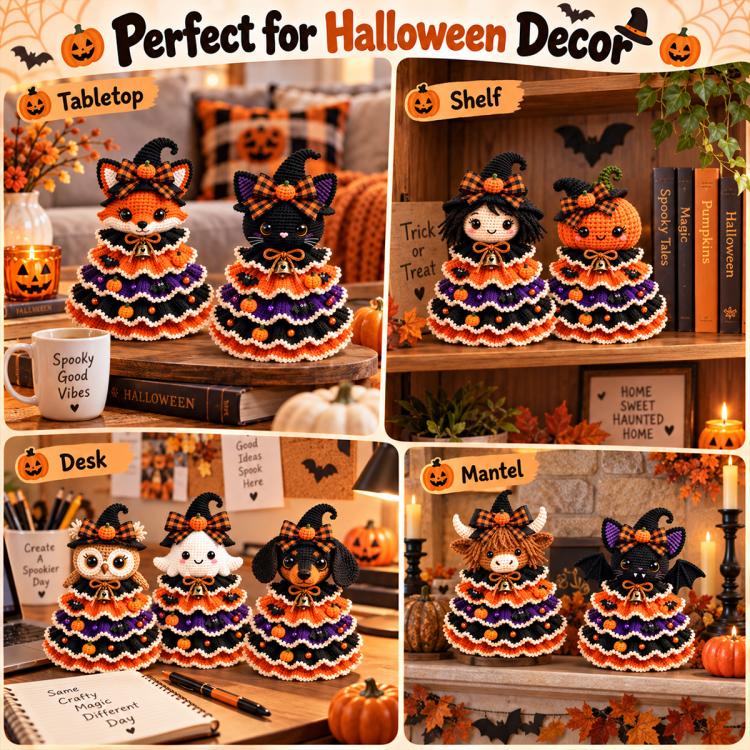 Crochet Halloween decor figures for tabletop, desk, and mantel with ruffled layered skirts
