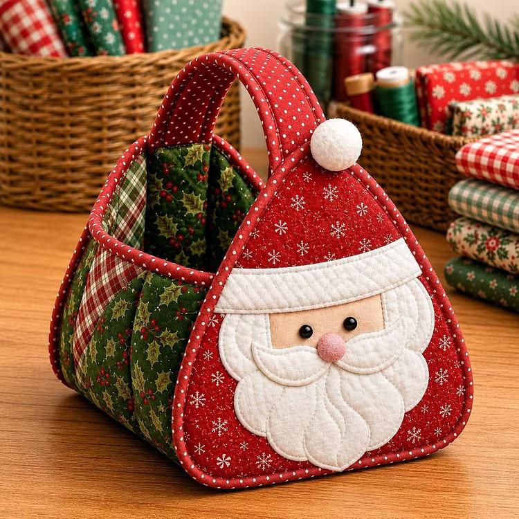 Quilted Christmas carry basket with Santa face applique, red white trim and fabric lining