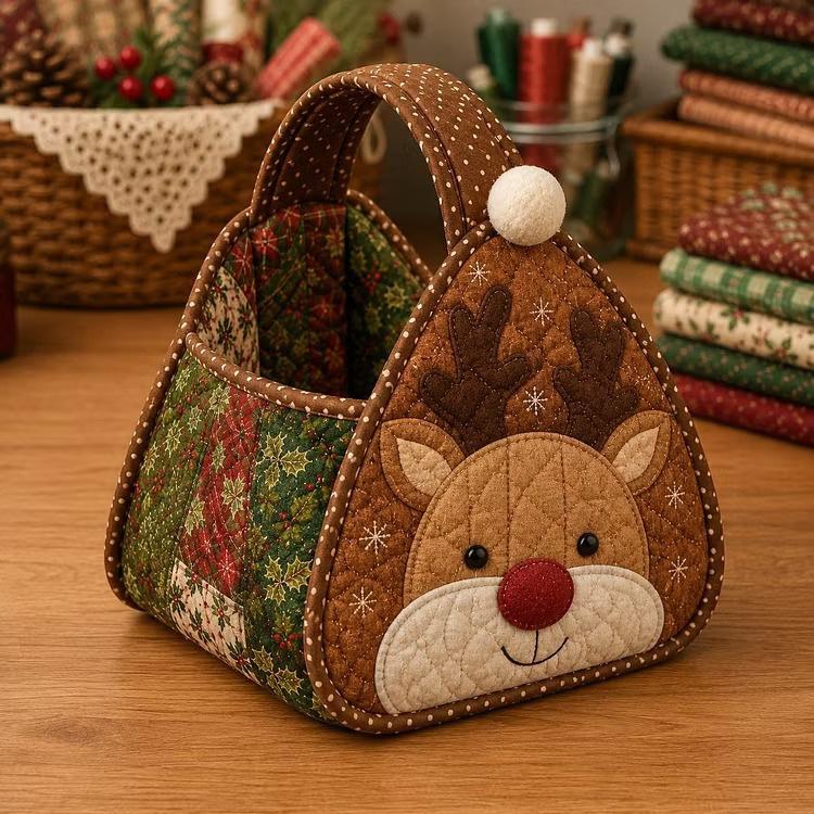 Quilted Christmas carry basket with reindeer face applique, brown fabric panels and pom handle