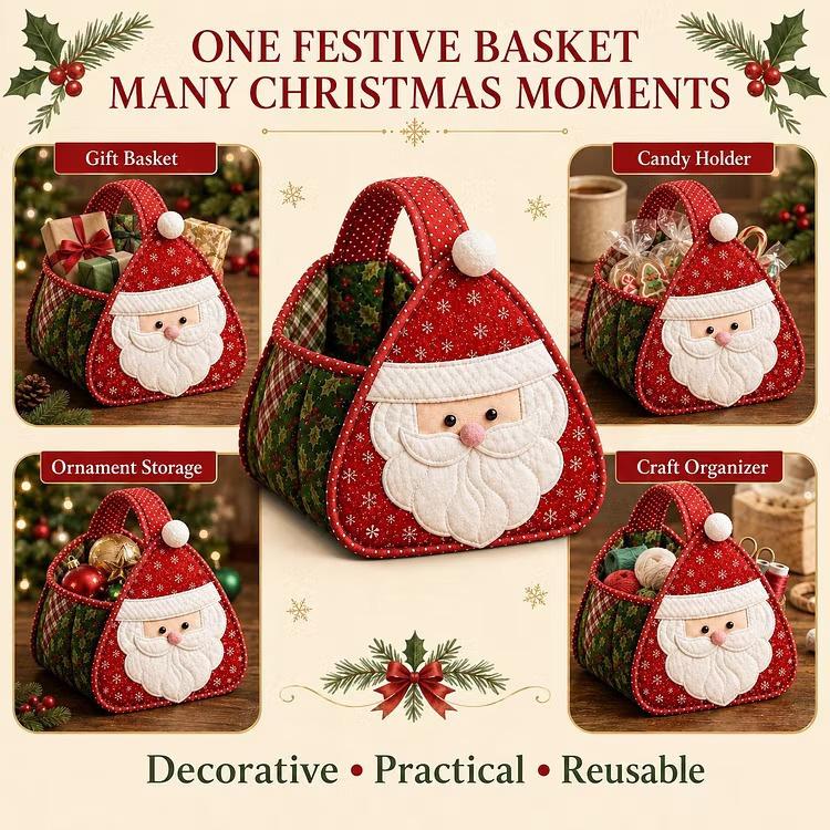 Festive quilted Santa carry basket with rounded top handle and white beard applique