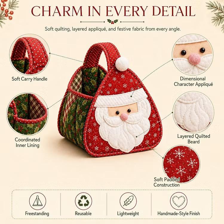 Santa quilted carry basket with layered appliqued beard and padded construction