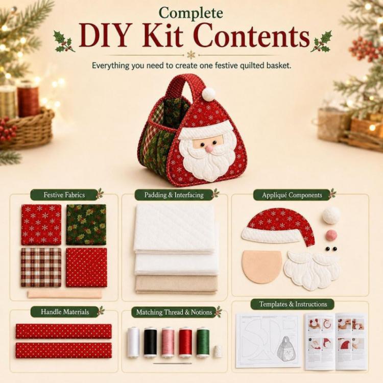 Complete DIY quilted Santa carry basket with red fabric and pom-top handle