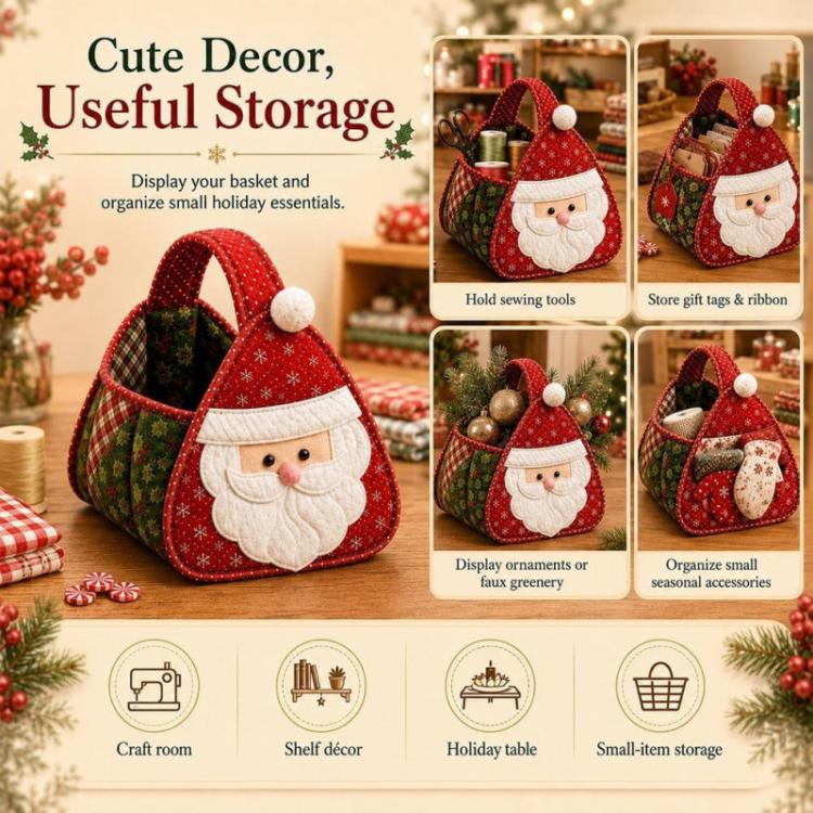 Santa quilted carry basket for storage, red handle and embroidered white face