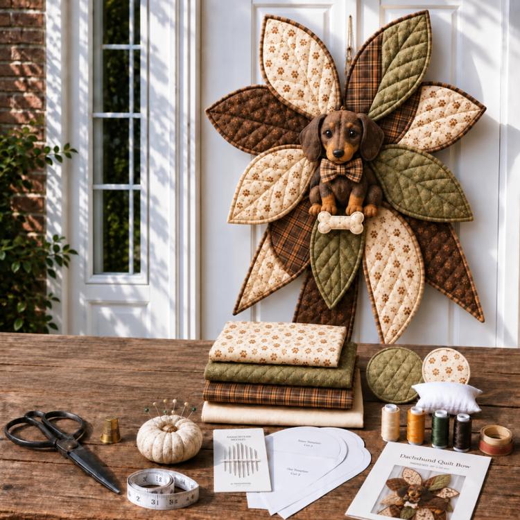 Quilted dog bow sewing kit with patchwork fabric pieces and sewing instructions