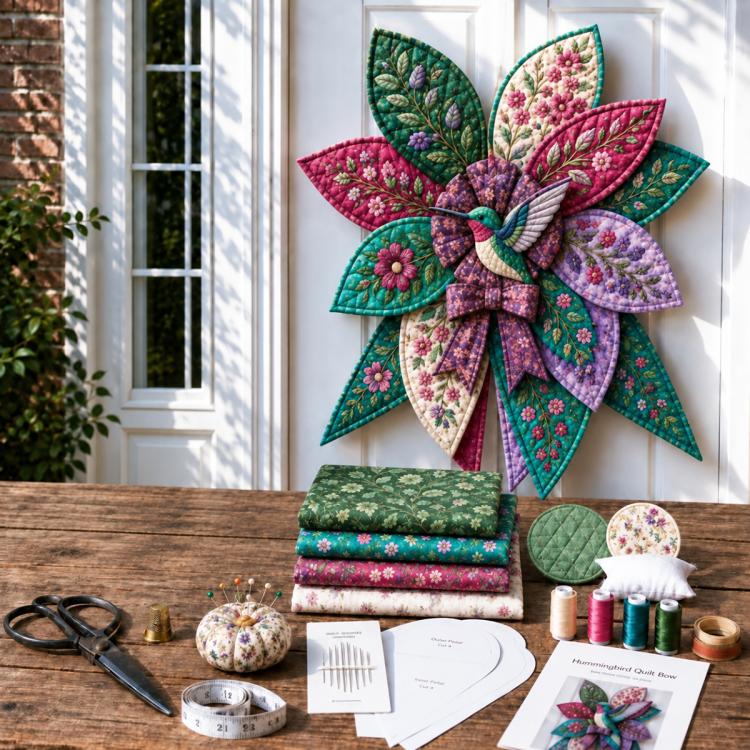 Quilted hummingbird bow sewing kit with patchwork fabric pieces and sewing instructions