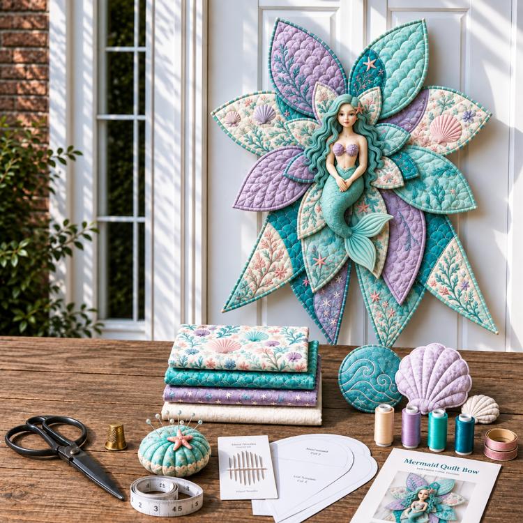 Oversized quilt bow sewing kit with aqua mermaid quilt bow design and supplies