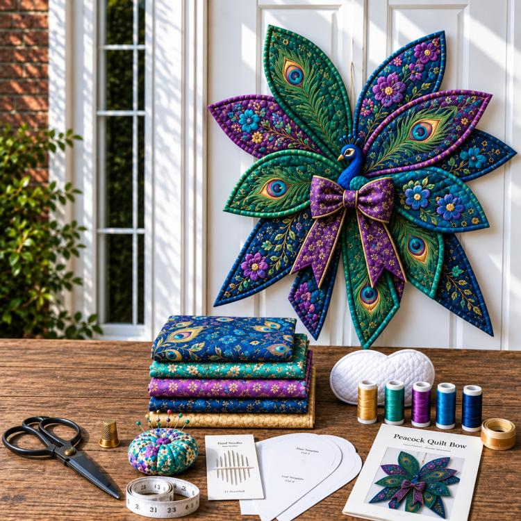 Oversized quilt bow sewing kit with peacock quilt bow design and quilting supplies
