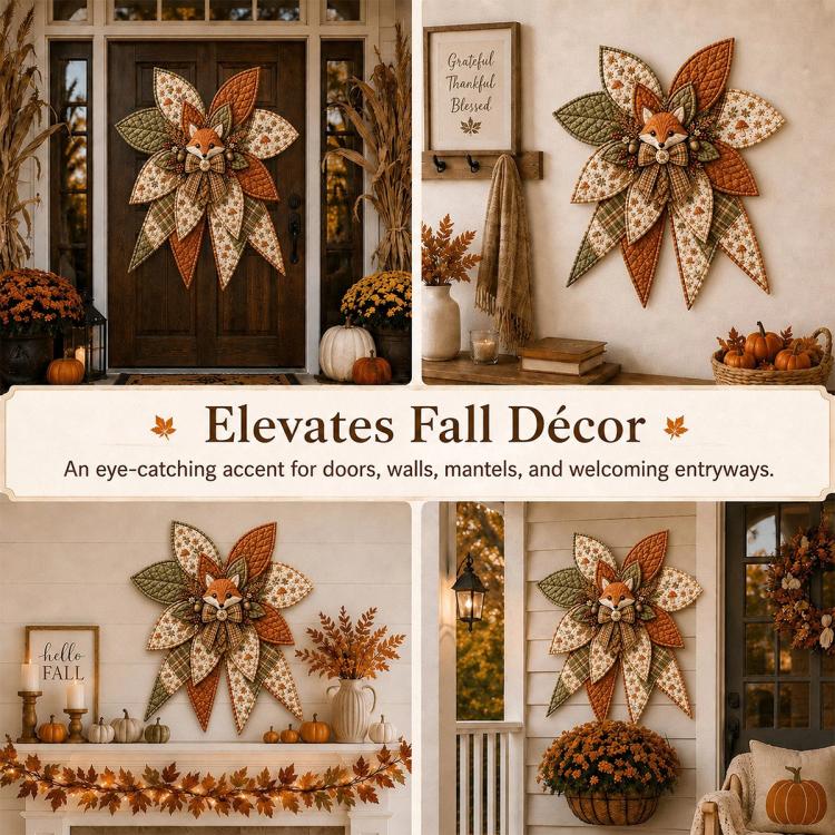 Fall decor display featuring layered woodland fox quilt bow on a wall
