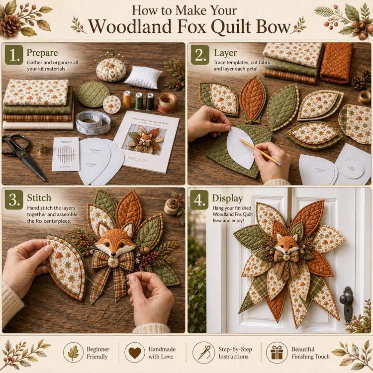 Fox quilt bow sewing kit instruction steps with fabric pieces and measuring tools