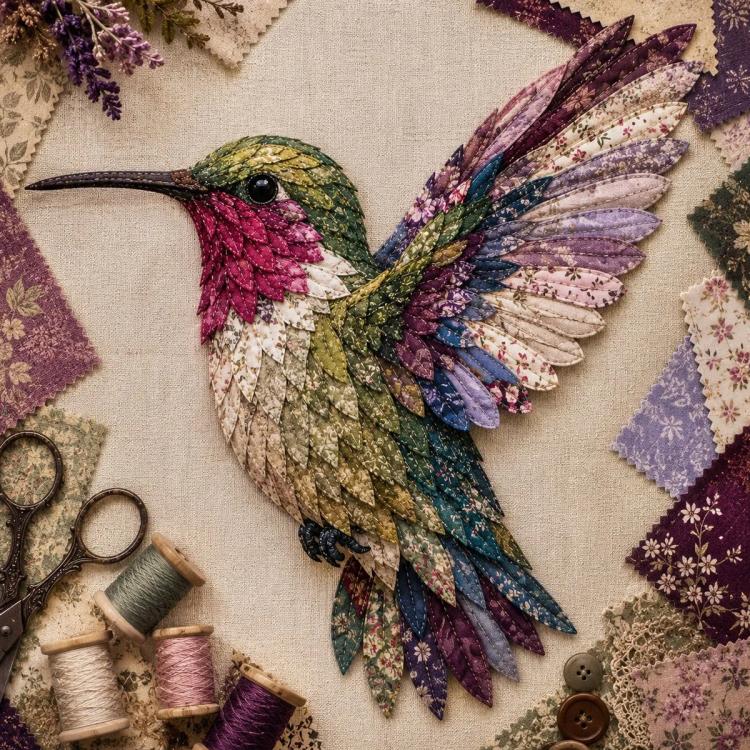 3D patchwork hummingbird applique, multicolor layered wings on fabric